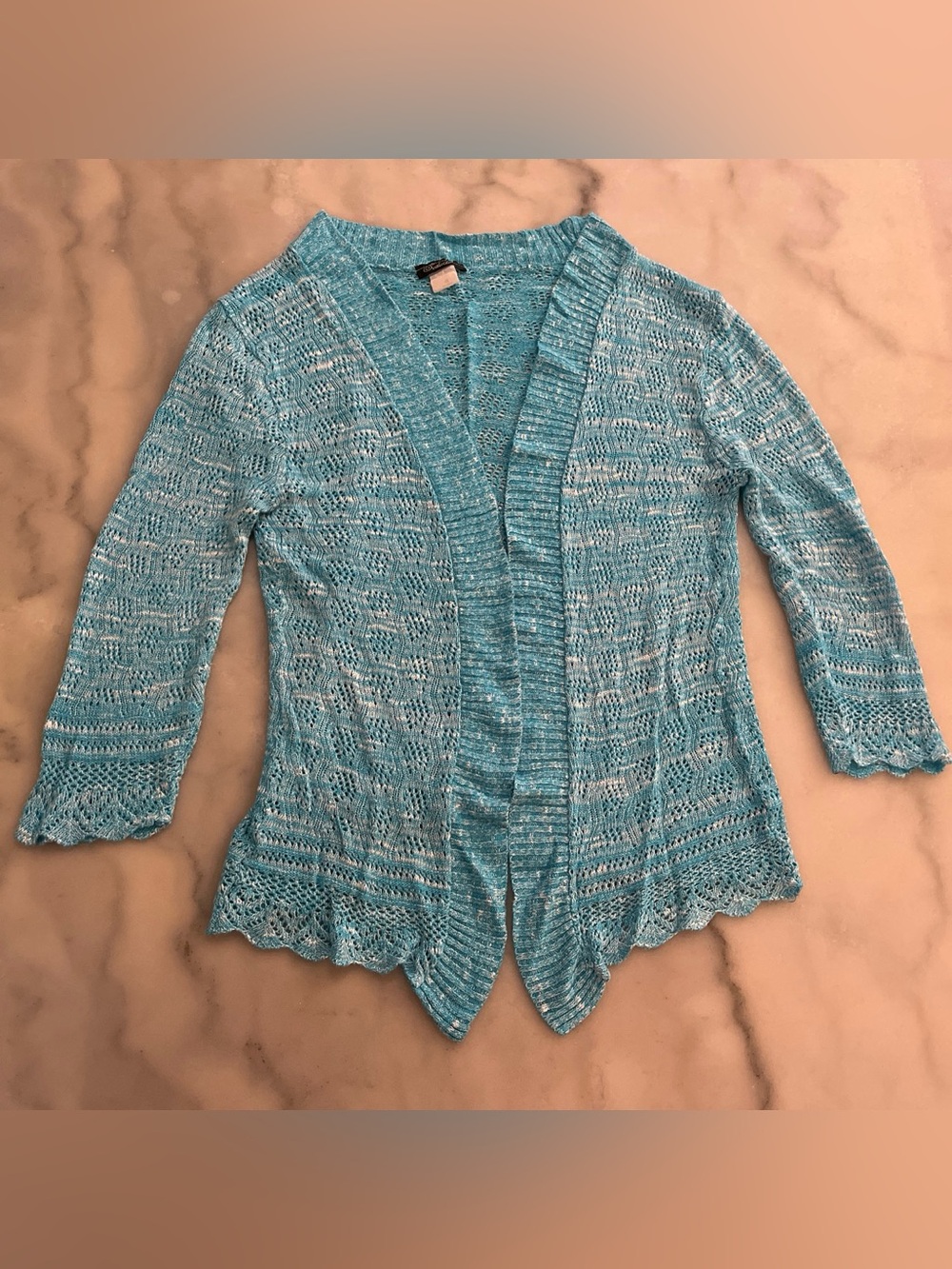Aqua Open-Front Knit Cardigan with Scalloped Hem